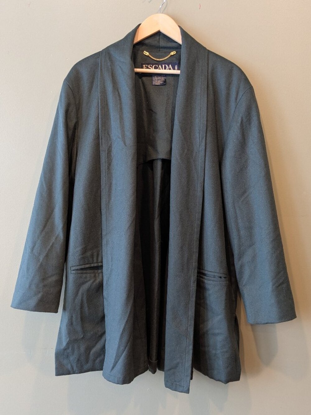 Vintage Escada Wool Cashmere Coat 42 XL Dark Green Quiet Luxury Old Money Jacket